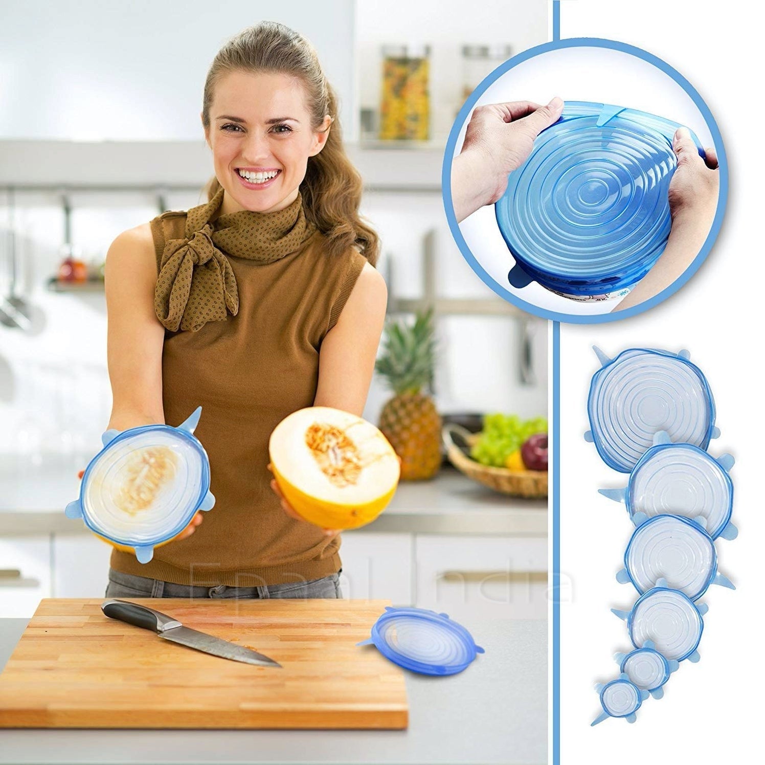 Set of 6 Reusable Safety Silicone Stretch Dishwasher Lids Flexible Covers - Light Blue
