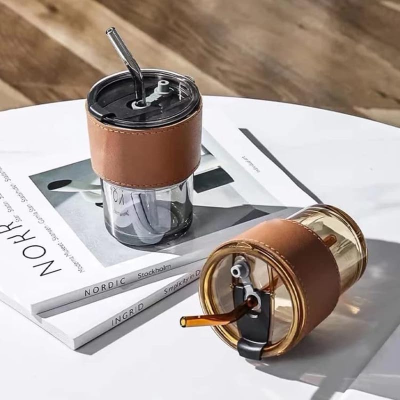 Glass Tumbler with Lid and Glass Straw with Stylish Band on Tumbler -Travel Mug(380ml, 1)