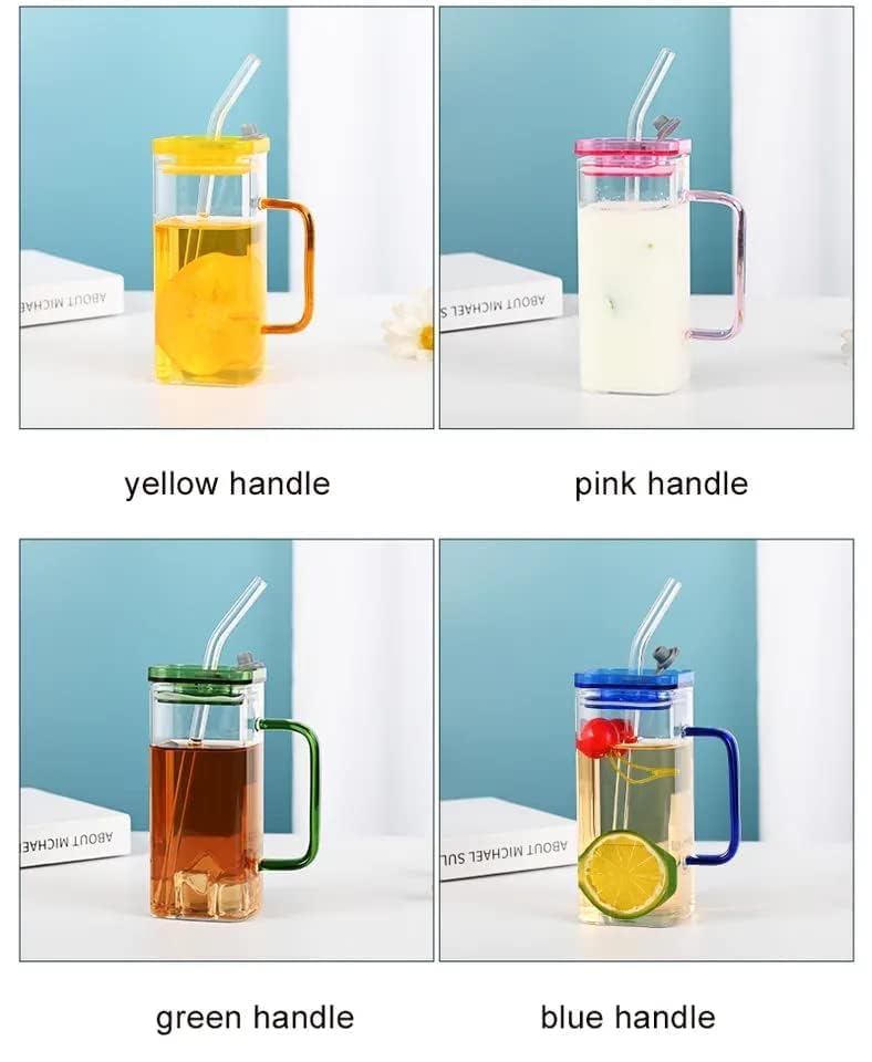 Square Mason Jars with handle for beverages & Airtight Lid with Glass Straw 350ML
