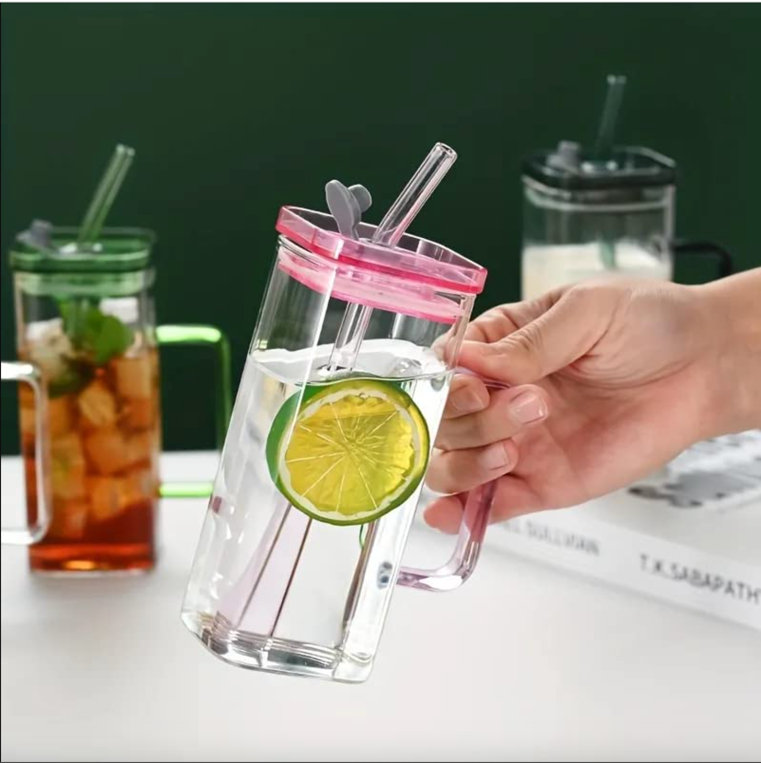 Square Mason Jars with handle for beverages & Airtight Lid with Glass Straw 350ML