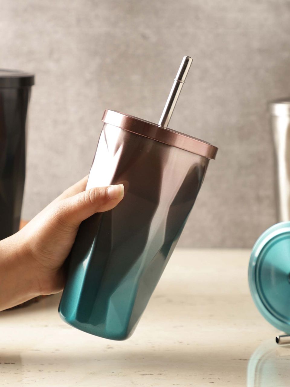 Pink And Blue Hue Diamond Stainless Steel Tumbler With Straw